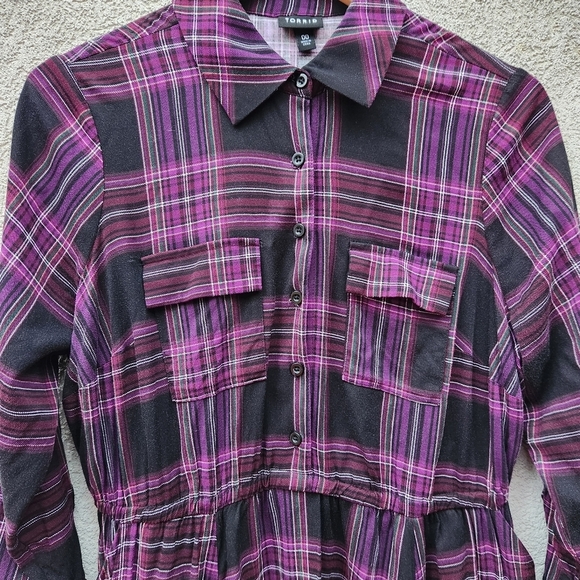 Torrid Dress Women's 00 Medium Purple Black Plaid Long Sleeve Challis No Belt - Picture 9 of 10